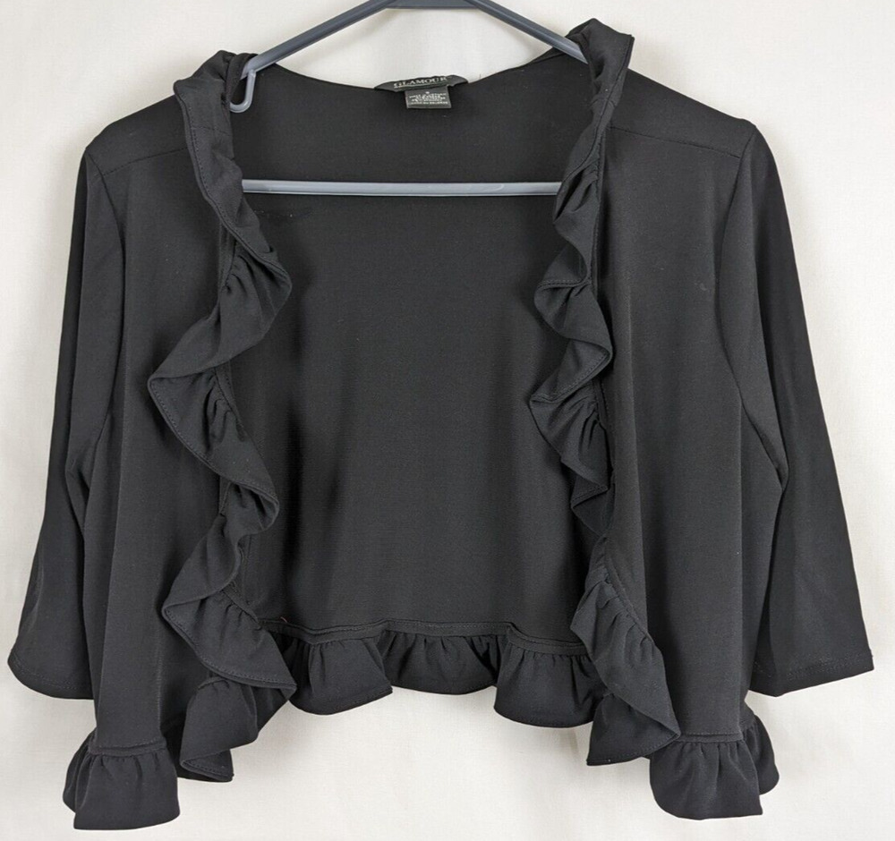 Glamour Women's Black Shrug Ruffled Edges Open Front Small